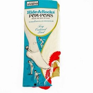 Vintage Womens Hide A Socks Red Pom Pom Terry Cushioned‎ Lined Ankle Sock 70s